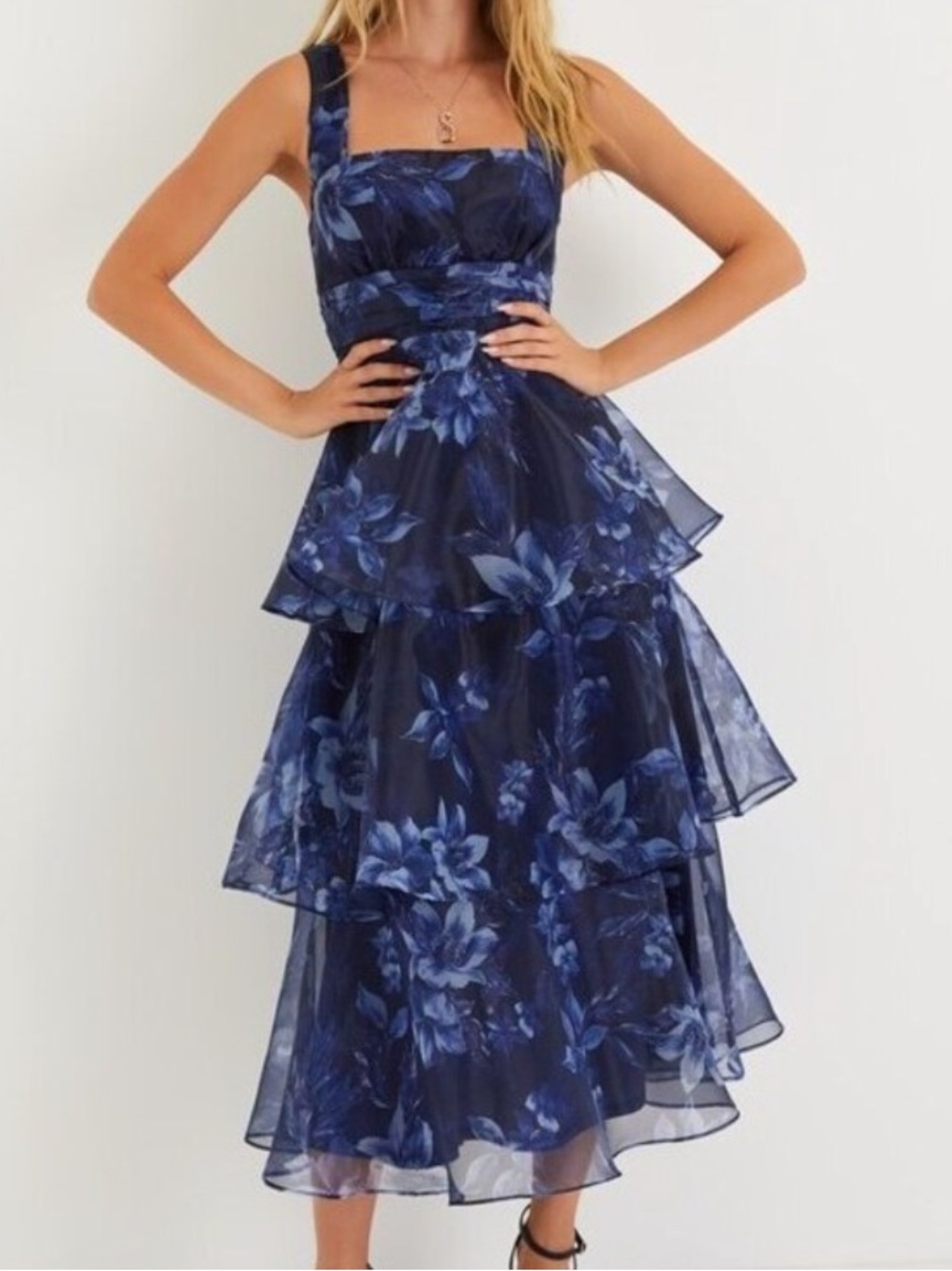 Lulus Navy Blue Floral Tiered Midi Dress